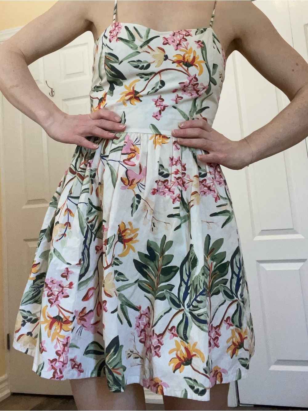 H&M White Floral Spaghetti-Strap Mini Dress with Green & Yellow Print - Picture 3 of 6